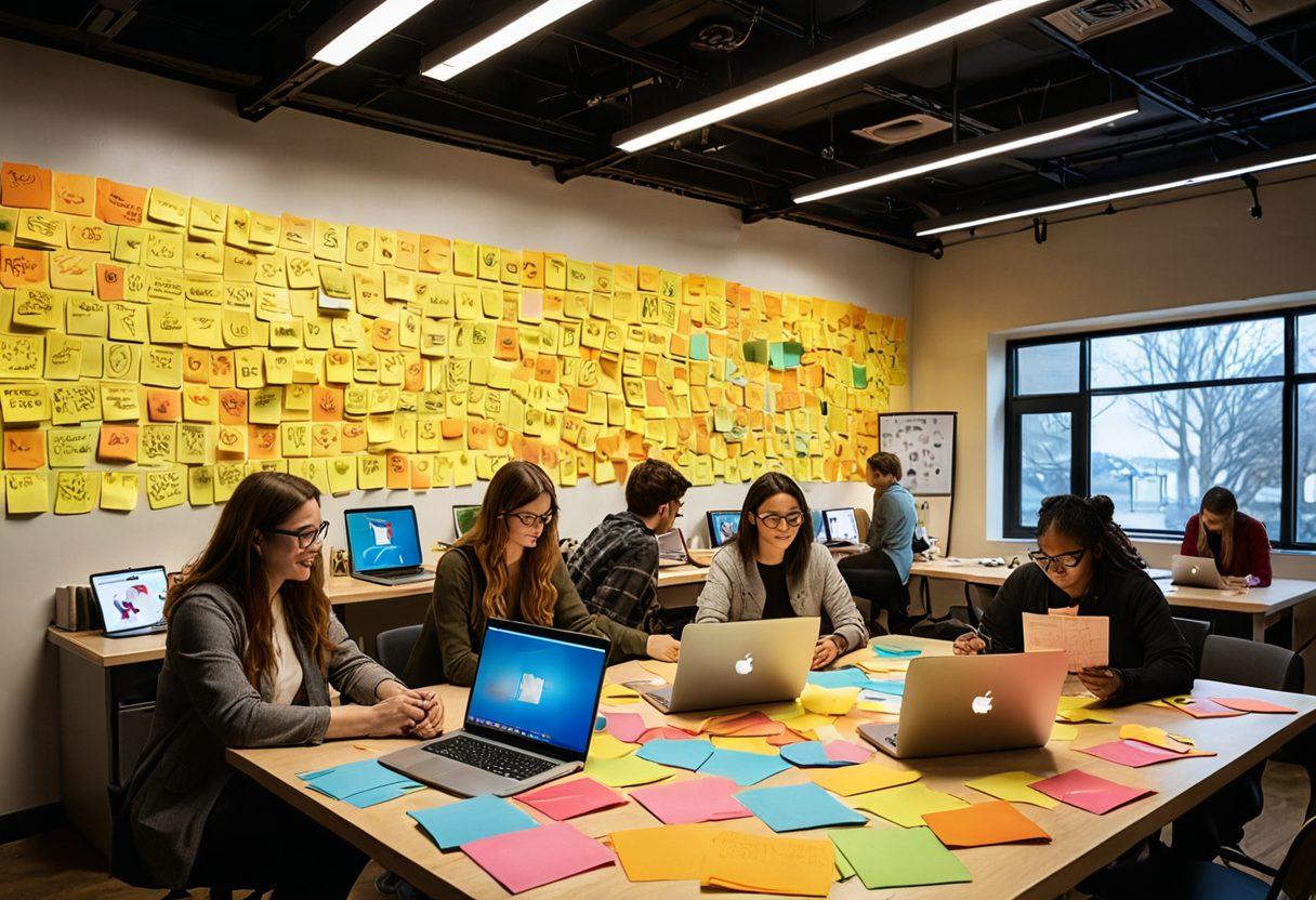 A warm, inviting digital workspace filled with diverse people engaging with laptops and tablets, surrounded by colorful post-it notes and brainstorming drawings. A large heart-shaped symbol made of intertwined hands symbolizes community and connection. Soft lighting enhances a cozy atmosphere, illustrating vibrant discussions and creativity. super-realistic. vibrant colors. 3D.