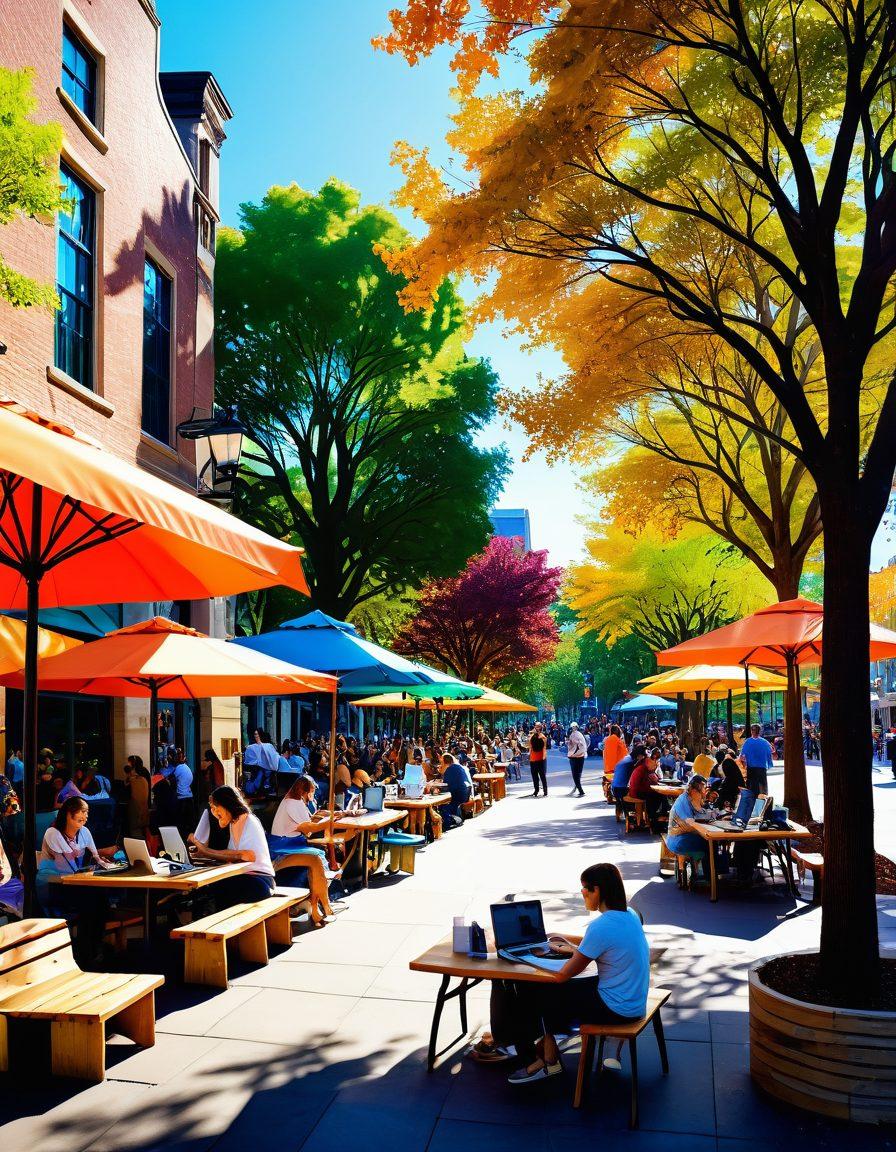 A lively digital town square filled with diverse people engaging in collaborative blogging, sharing ideas, and creating content together. Colorful banners hang overhead, symbolizing different blog themes, while laptops and writing tools are scattered around. Warm sunlight filters through trees, creating a welcoming atmosphere. Illustrate a strong sense of community and connection among individuals. vibrant colors. digital art. whimsical style.